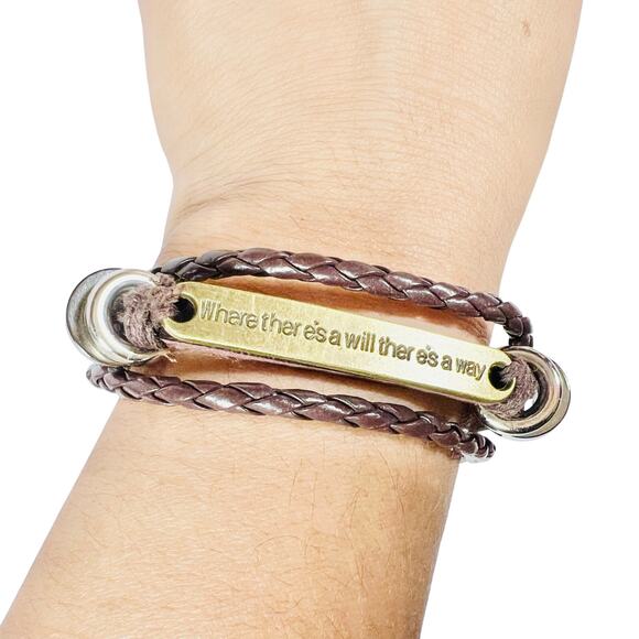 Where Ther es a Will Ther es a Way Bracelet Leather Gold Brown Inspirational New - Picture 1 of 5